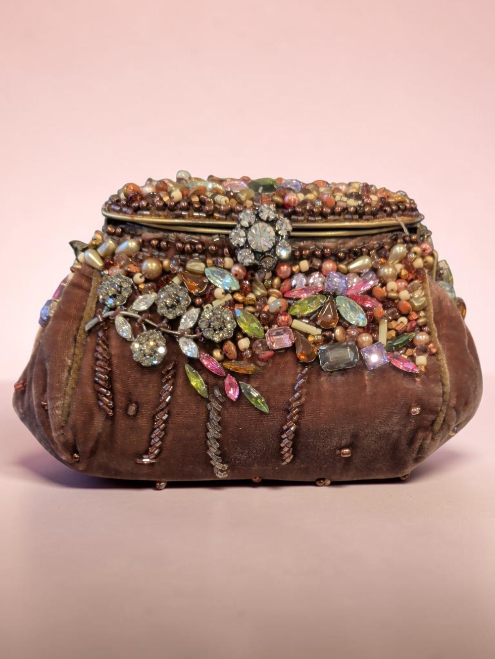 Mary Frances Brown Velvet Jeweled Evening Clutch with Multicolored Crystals